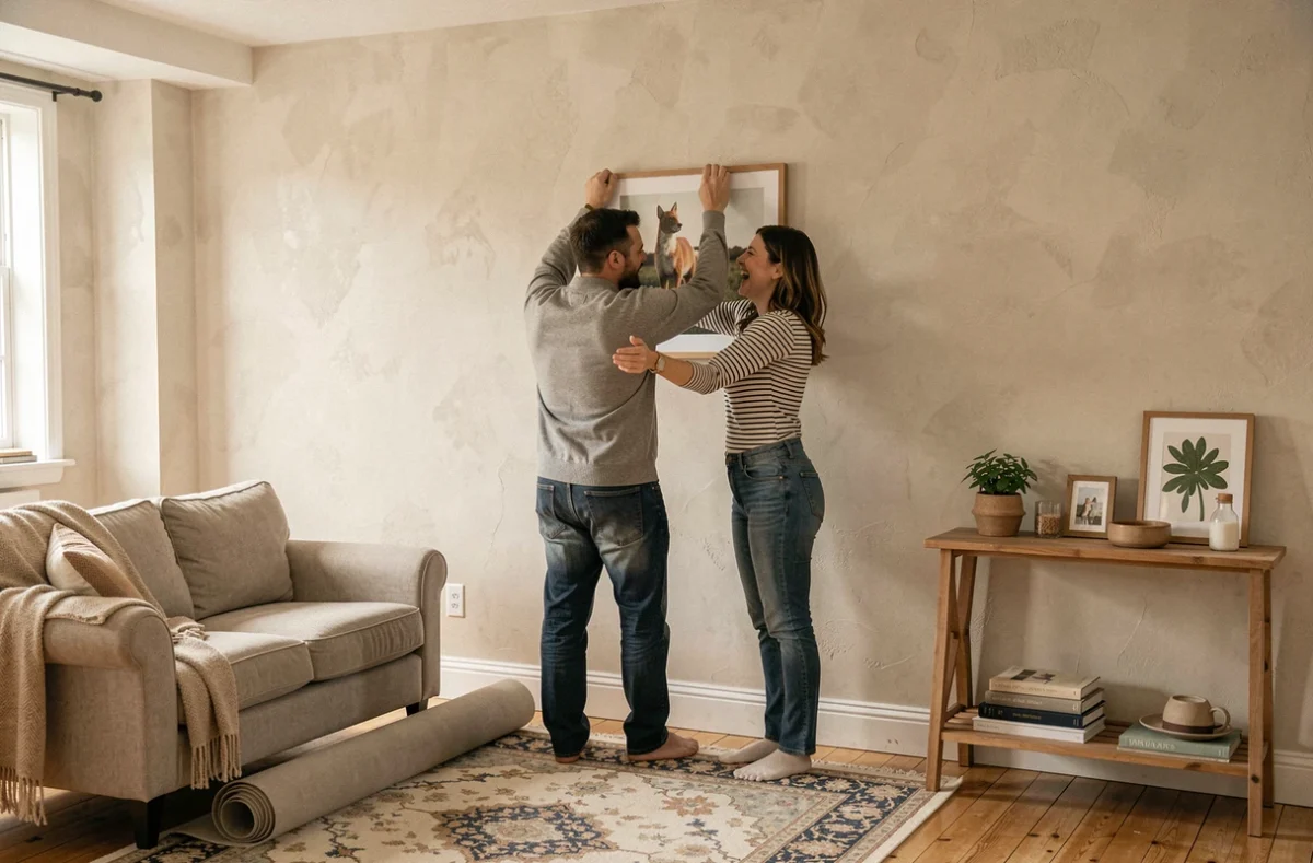 Couple accrochant un tableau dans leur nouveau salon lors de l'installation dans leur nouvelle maison