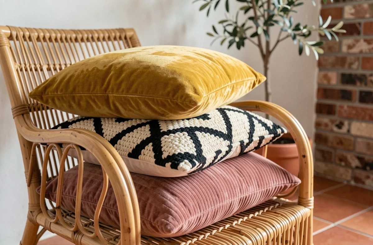 Trois coussins décoratifs tendance en velours moutarde, macramé géométrique et tricot rose sur un fauteuil en rotin dans un intérieur bohème