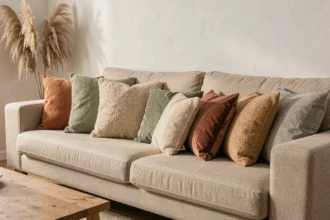 Canapé beige avec coussins tendance en velours, bouclé et lin dans des tons terracotta, vert sauge et beige dans un salon scandinave