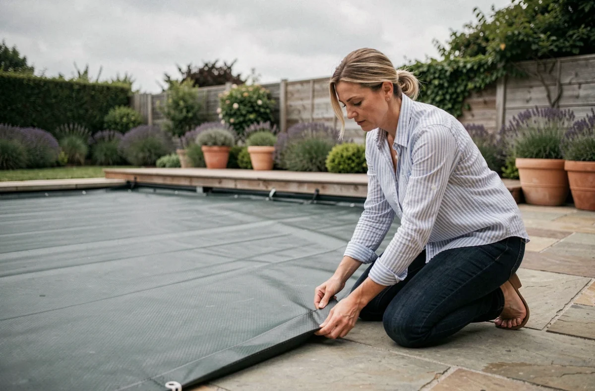 Femme installant une couverture rigide de sécurité sur une piscine résidentielle dans un jardin aménagé