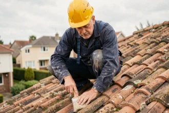 Couvreur appliquant un produit hydrofuge sur une toiture en tuiles avec un pinceau large