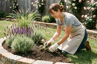 Femme en train de planter des vivaces dans un massif de jardin avec bordure en pierre
