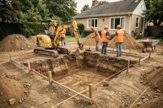 Chantier de creusement d'une piscine résidentielle avec excavatrice et ouvriers dans un jardin de maison individuelle