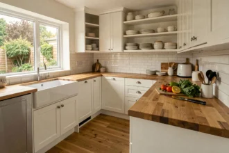 Cuisine moderne équipée avec plan de travail en bois, évier en céramique, étagères ouvertes et ustensiles de cuisine bien rangés