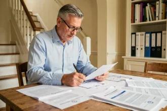 Propriétaire examinant des documents administratifs pour déclarer une surface habitable supplémentaire