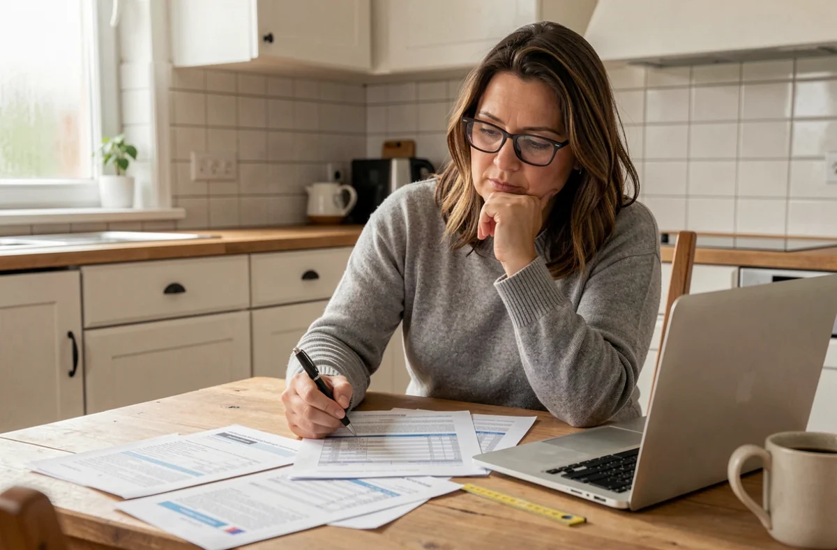 Femme consultant des documents fiscaux et factures de travaux d'isolation extérieure à son domicile, déduction d'impôts pour rénovation énergétique