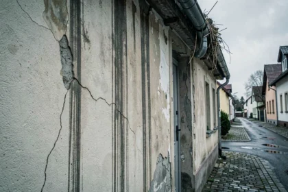 Façade de maison endommagée par la pluie avec fissures, taches d'humidité et gouttière débordante