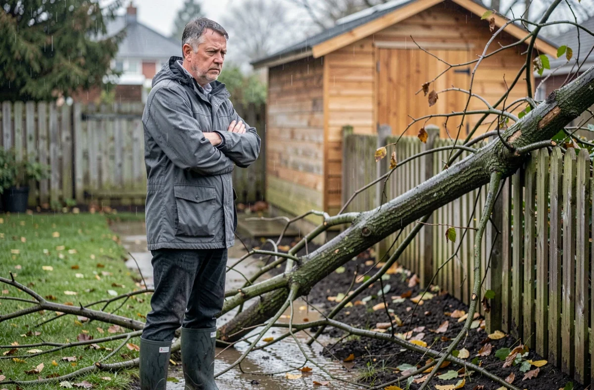 Homme inspecte les dégâts causés par la tempête de pluie dans son jardin avec une clôture brisée