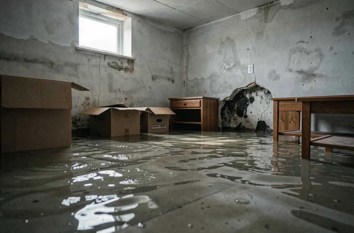 Sous-sol inondé après de fortes pluies avec mobilier abîmé et traces de moisissures sur les murs