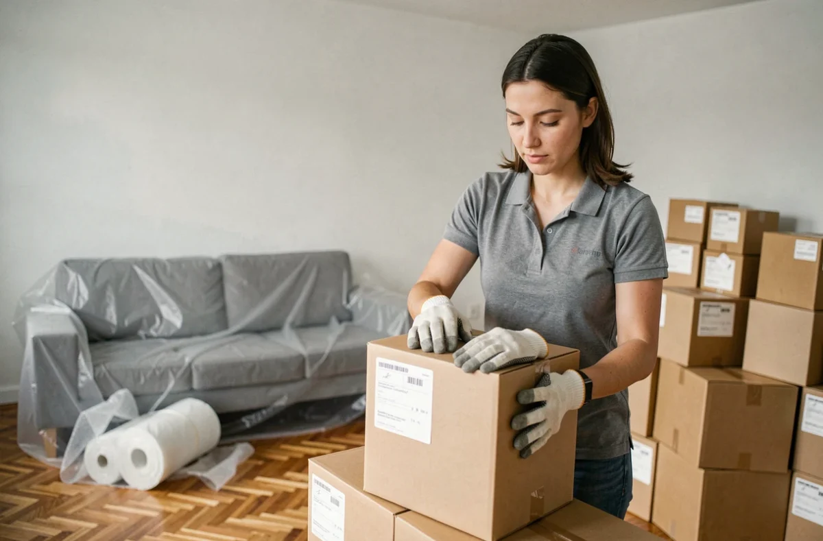 Déménageuse professionnelle étiquetant des cartons dans un appartement moderne vide prêt pour le déménagement