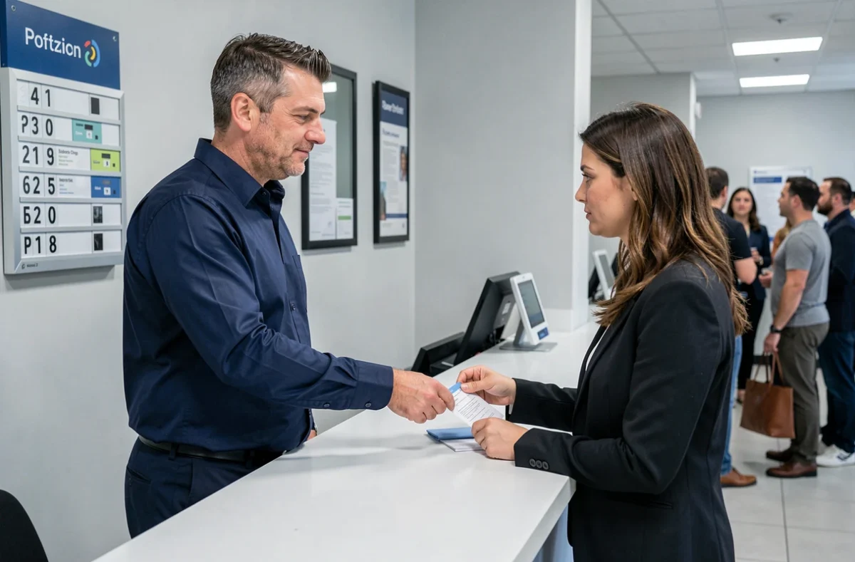 Homme déposant un formulaire de changement d'adresse au guichet d'un bureau de poste moderne
