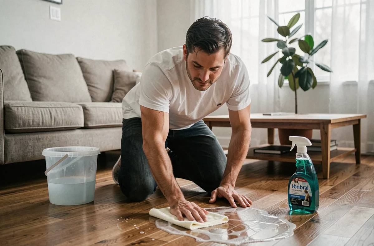 Homme désinfectant le parquet d'un salon avec un chiffon microfibre et une solution désinfectante dans un appartement