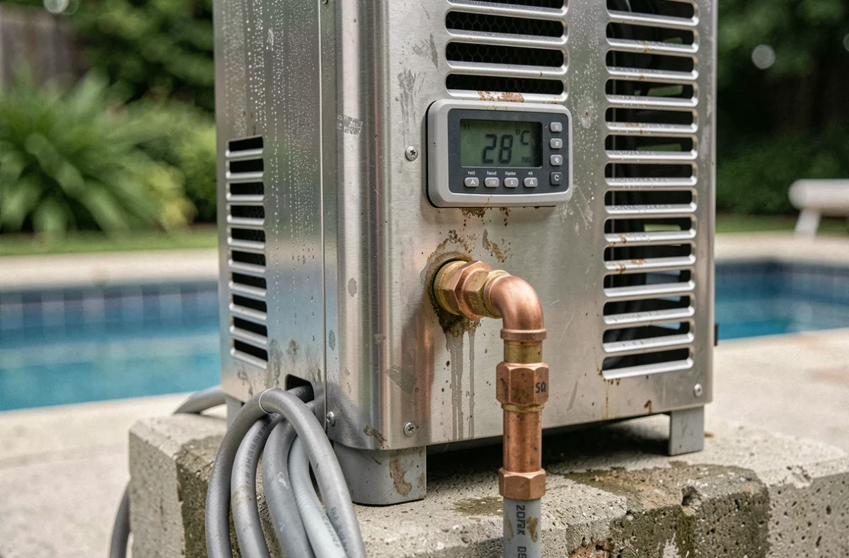 Détail d'un chauffe-piscine au gaz avec affichage numérique et raccords en cuivre