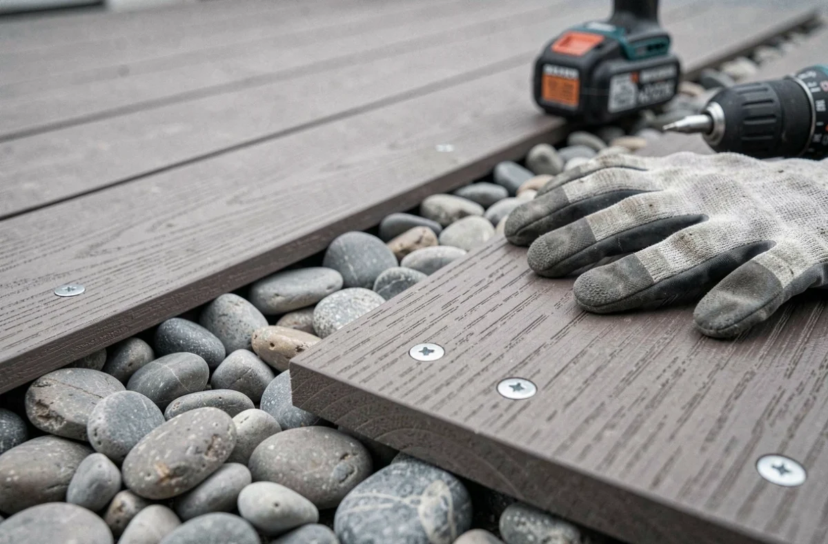 Détail de la construction d'une terrasse composite avec galets décoratifs, sans utilisation de dalle béton