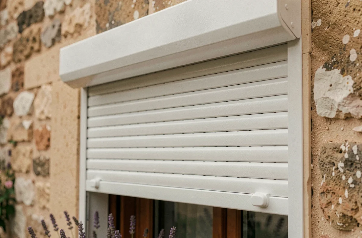 Détail en gros plan des lames et du rail d'un volet roulant PVC blanc sur une façade en pierre de maison provençale