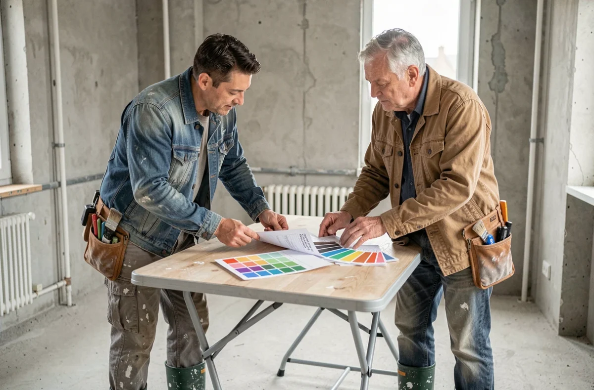 Deux peintres en bâtiment discutant d'un devis et de nuanciers de couleurs dans un appartement vide en cours de rénovation