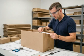 Ingénieur en emballage mesurant les dimensions intérieures d'un carton ondulé avec un mètre ruban dans un atelier de conception d'emballages