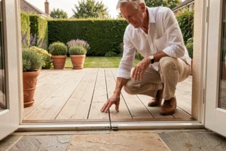 Distance entre le seuil de porte et la terrasse en bois d'une maison résidentielle