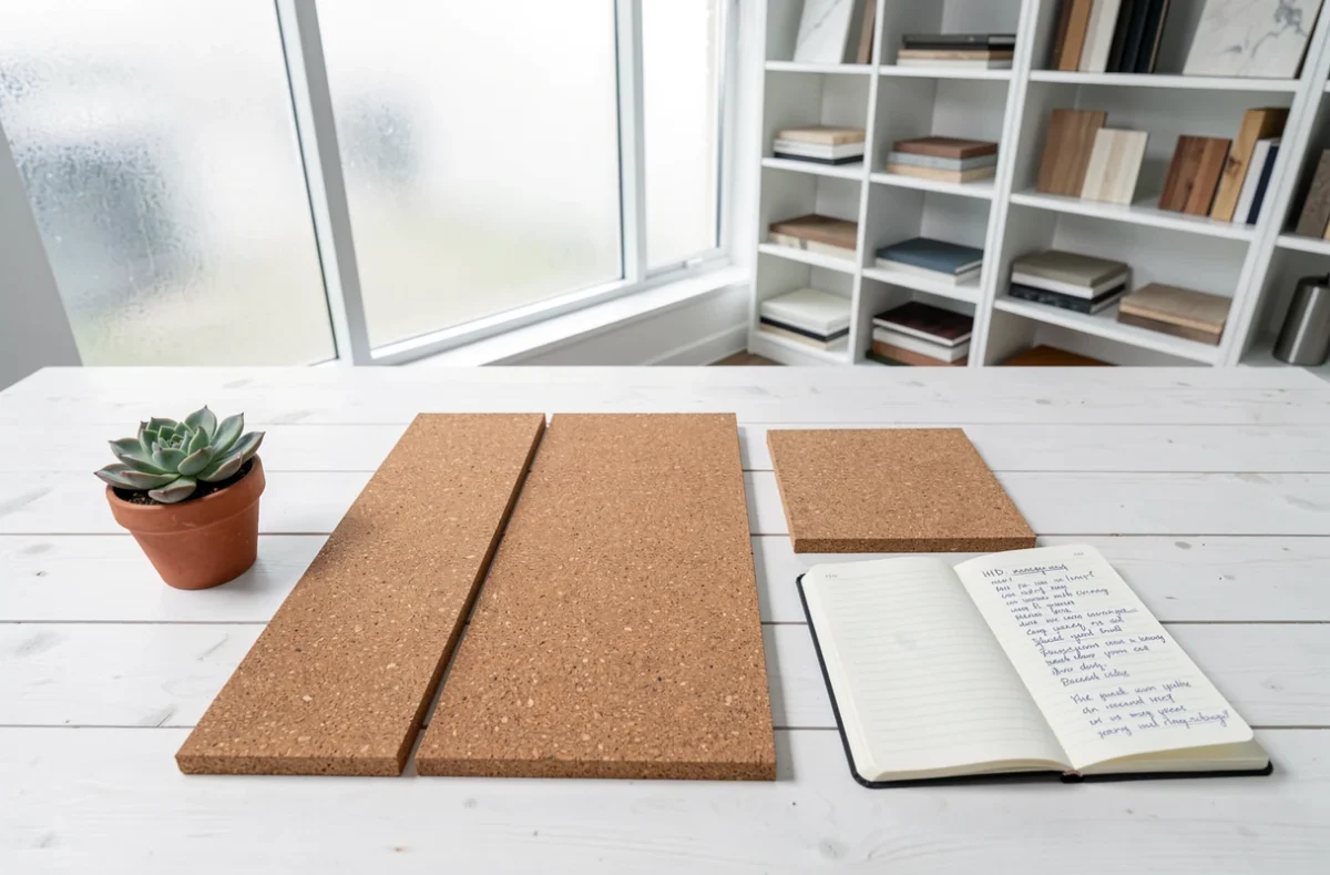 Échantillons de sol en liège et matériaux naturels posés sur une table dans un showroom de rénovation durable