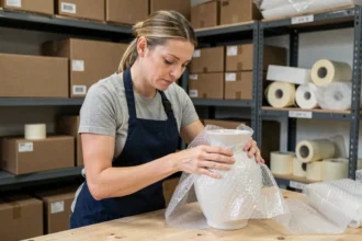 Femme emballant un objet fragile en céramique avec du papier bulle dans une boutique d'expédition professionnelle
