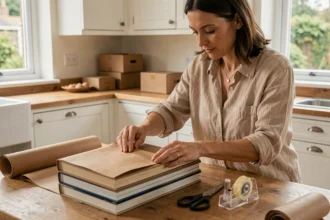 Femme emballant des livres dans du papier kraft sur une table en bois pour les protéger lors d'un déménagement