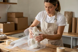 Femme emballant un objet fragile en céramique avec du papier bulle sur une table en bois