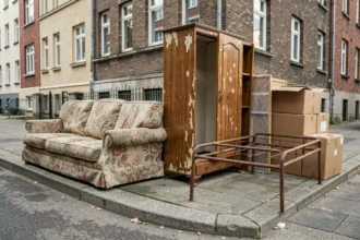 Encombrants déposés sur le trottoir d'une rue résidentielle : canapé usé, armoire démontée et cadre de lit métallique attendant la collecte