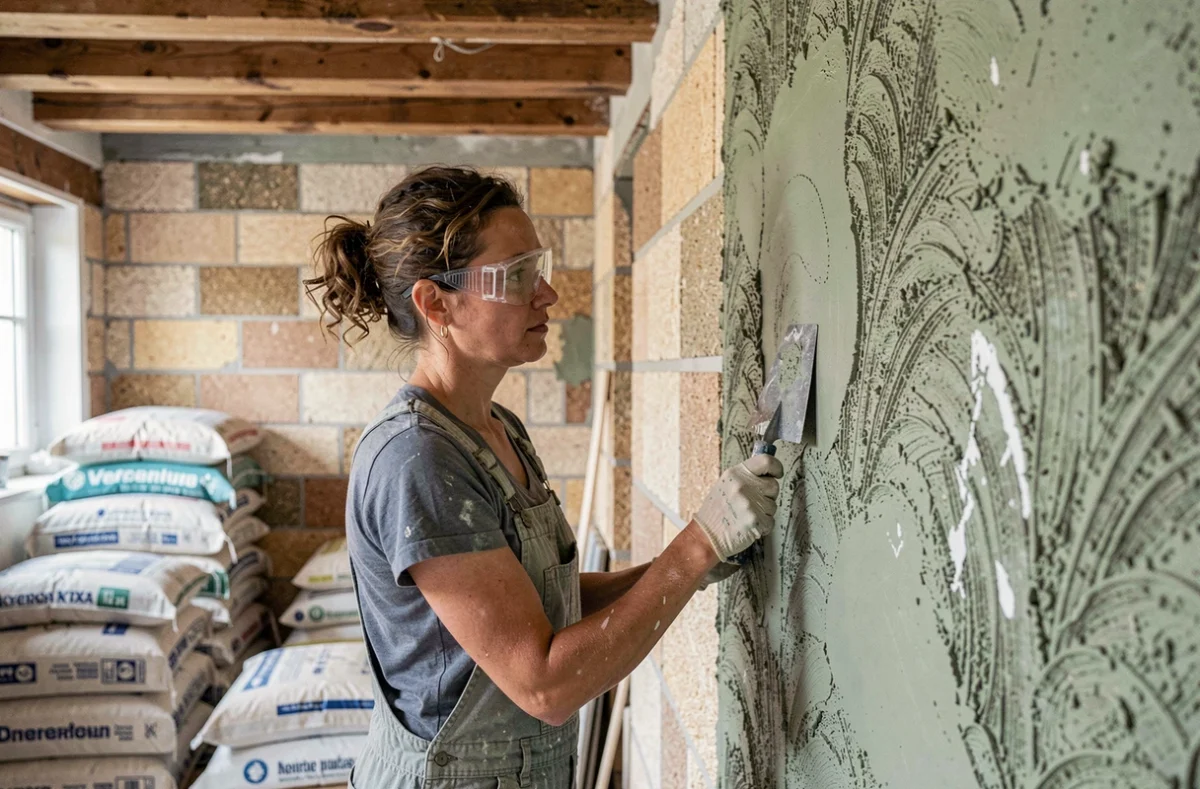 Femme appliquant un enduit chanvre-chaux sur un mur en construction écologique lors d'une rénovation urbaine