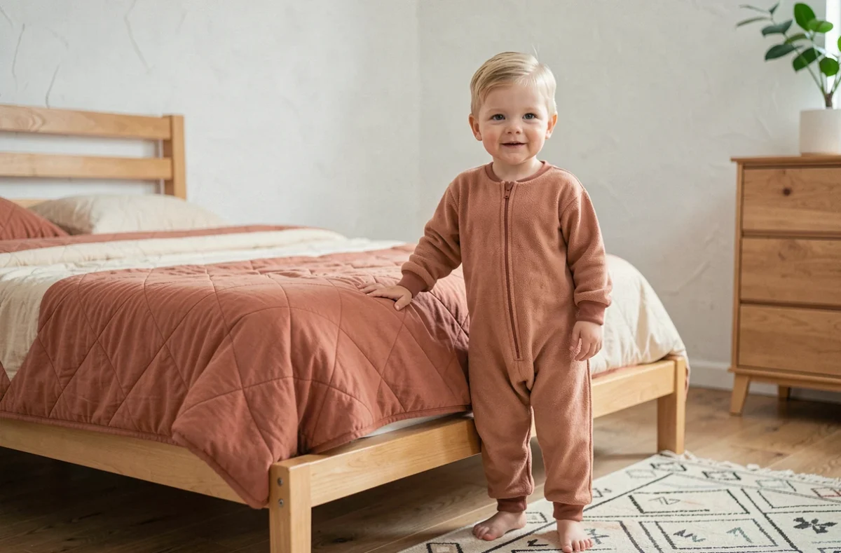 Enfant de 3 ans debout à côté de son nouveau lit bas, expression de fierté et d'indépendance, chambre décorée simplement