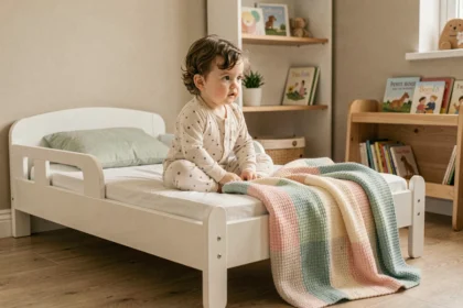 Tout-petit assis dans un lit de jeune enfant en bois, transition du lit à barreaux vers un lit normal, chambre cosy aux tons neutres