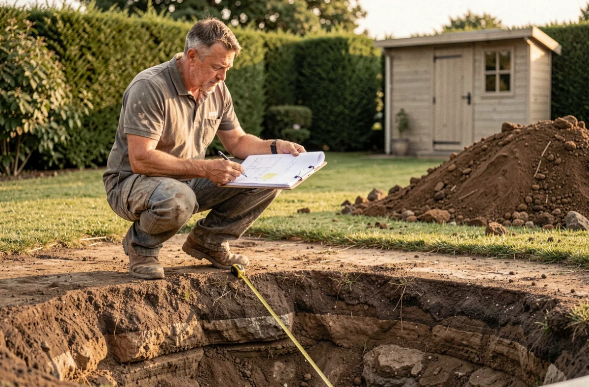Entrepreneur examinant les plans d'une piscine creusée lors d'un chantier de construction dans un jardin privé