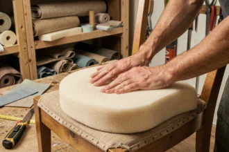 Artisan mesurant l'épaisseur d'une mousse pour rembourrer l'assise d'une chaise de salle à manger