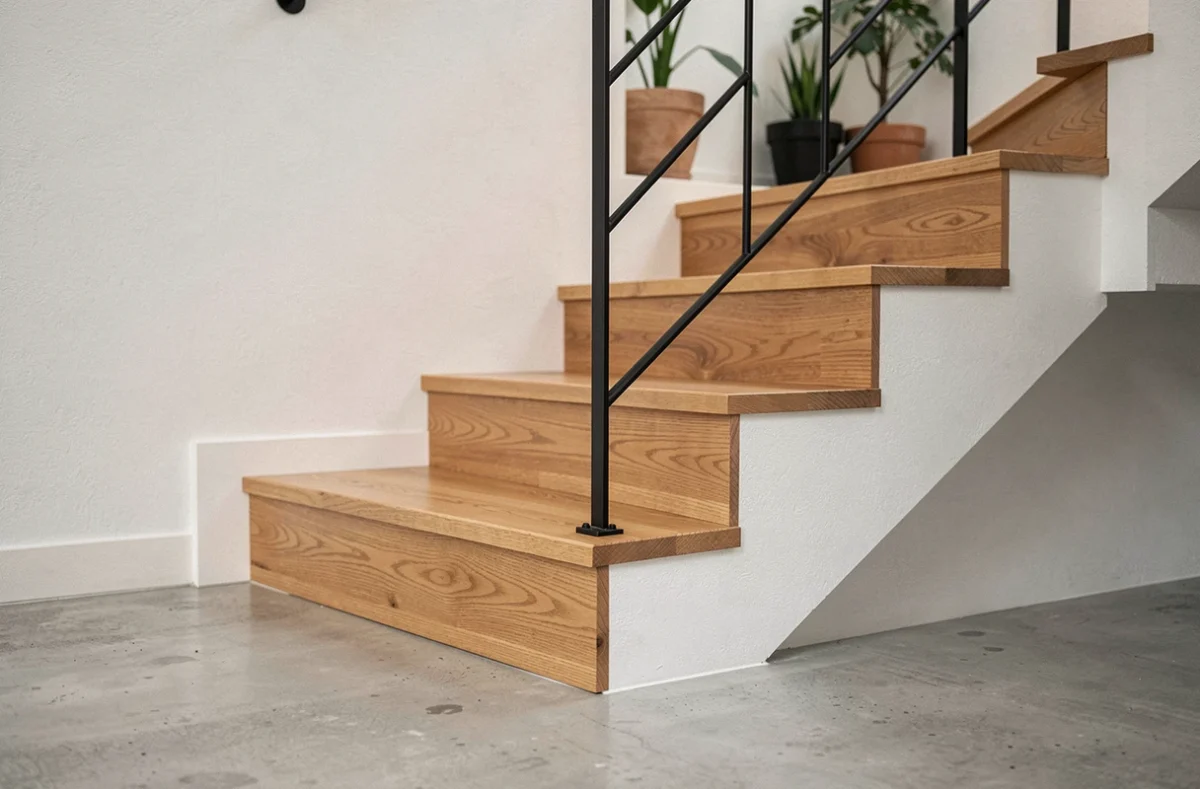 Détail architectural d'un escalier à demi-niveaux reliant deux espaces de vie à des hauteurs de plafond différentes dans un intérieur contemporain minimaliste