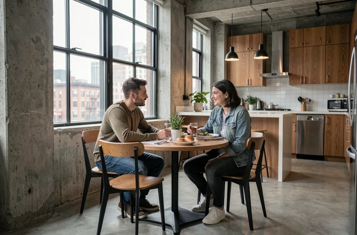 Espace repas compact dans un appartement urbain avec table ronde et couple attablé