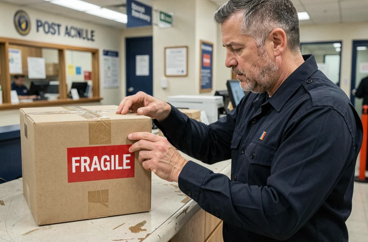 Agent postal apposant une étiquette fragile sur un colis dans un bureau de poste
