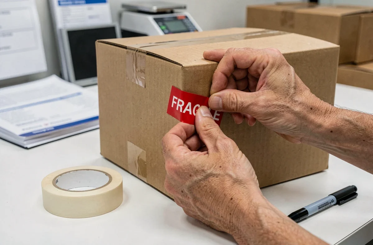 Mains appliquant une étiquette fragile autocollante rouge sur un colis carton fermé au bureau de poste