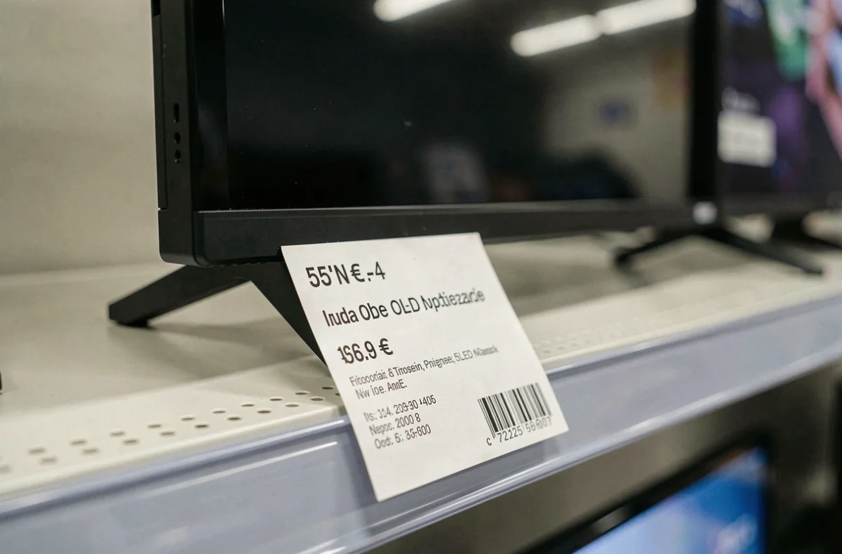 Étiquette de prix d'une télévision OLED dans un magasin d'électronique