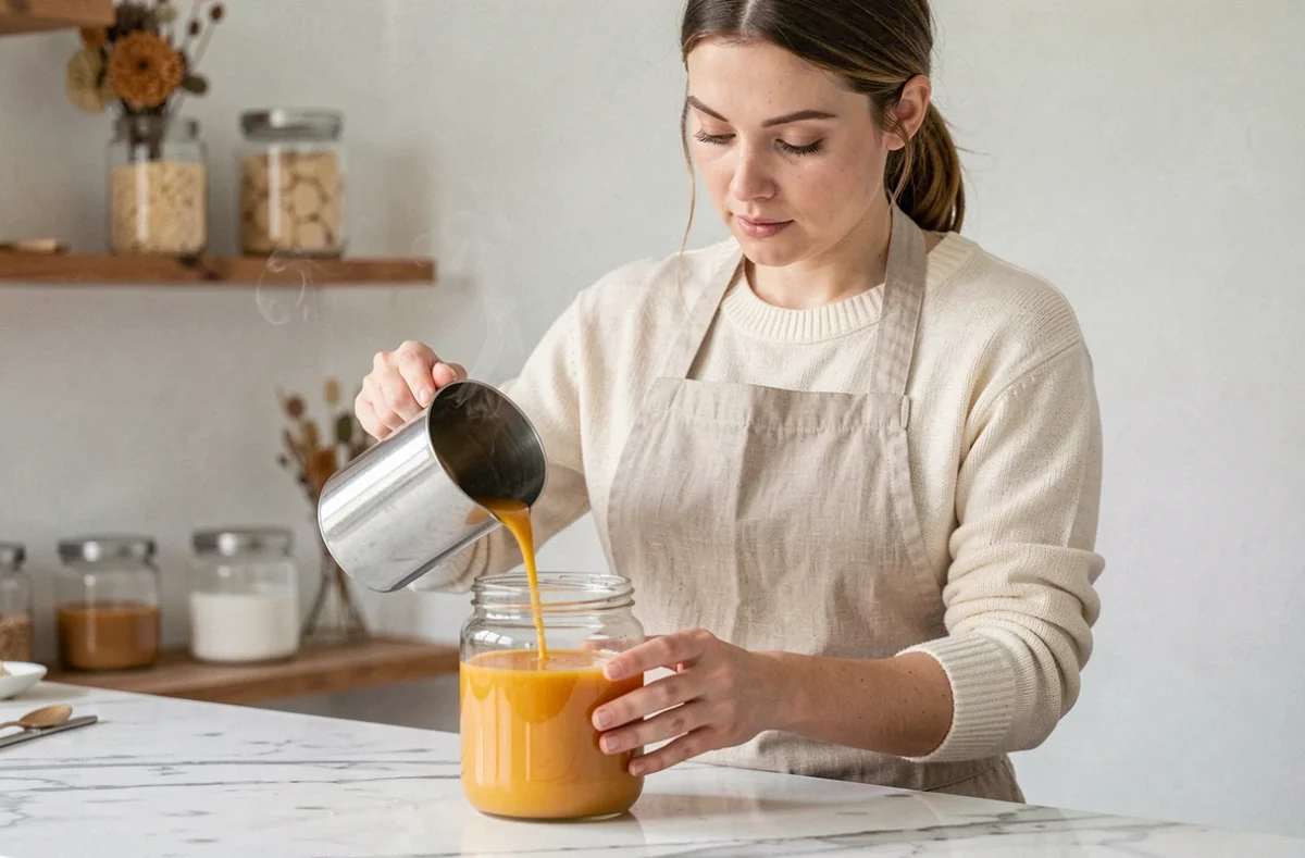 Femme artisane versant de la cire de soja fondue dans un moule de bougie en verre dans un atelier de fabrication artisanale