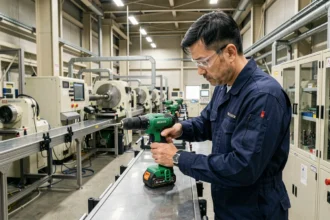 Ouvrier japonais assemblant une perceuse sans fil Ryobi verte sur une ligne de production industrielle