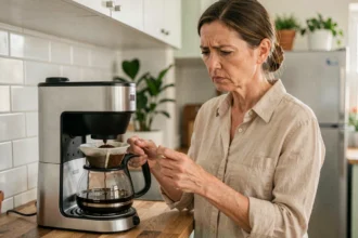 Femme inspectant une cafetière en panne dans une cuisine moderne