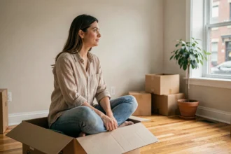 Femme assise sur des cartons dans un appartement vide lors d'un déménagement, symbolisant l'adaptation à une nouvelle maison