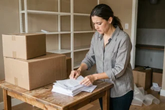 Femme triant son courrier postal avant un déménagement dans un appartement en cours de déballage