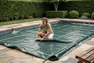 Femme installant une toile de piscine verte sur une piscine rectangulaire dans un jardin résidentiel