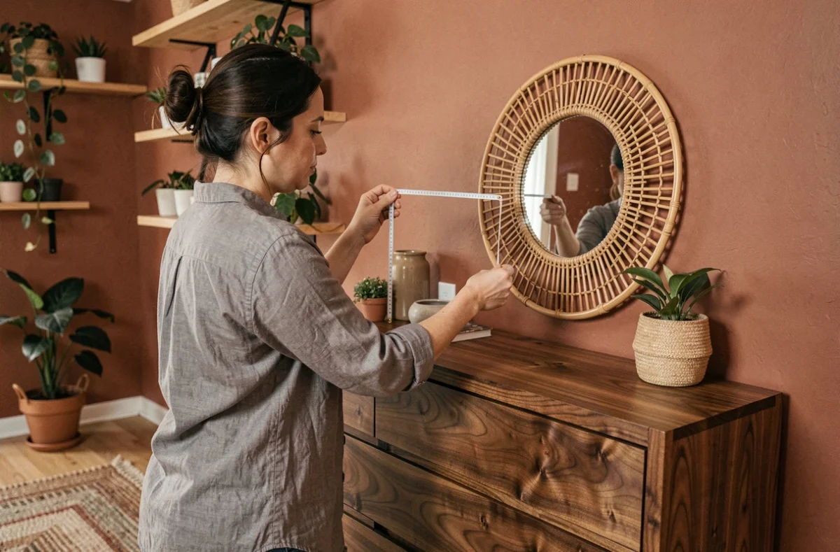 Femme mesurant la taille idéale d'un miroir rond en rotin au-dessus d'une commode en noyer