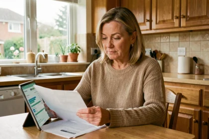 Femme examinant une offre de gaz naturel adaptée sur sa tablette et ses documents à la maison