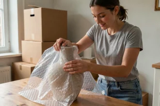 Femme enroulant du papier bulle gratuit autour d'un vase pour un déménagement