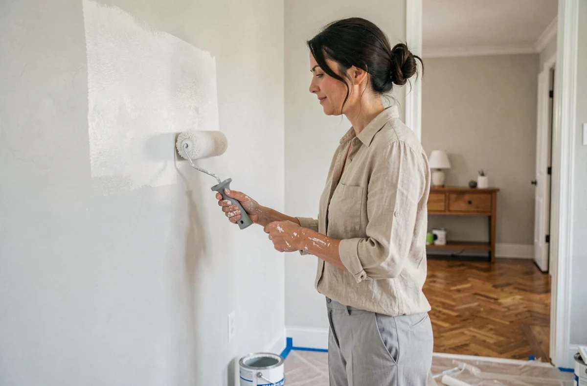 Femme peignant un mur en blanc pour éclaircir une pièce sombre lors de travaux de rénovation intérieure