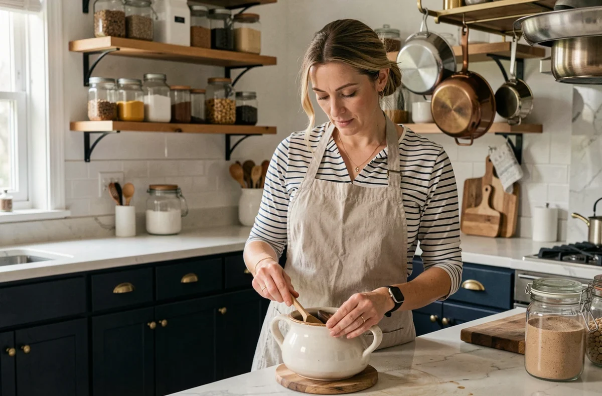 Femme rangeant des ustensiles de cuisine dans une cuisine équipée avec îlot central et étagères de rangement