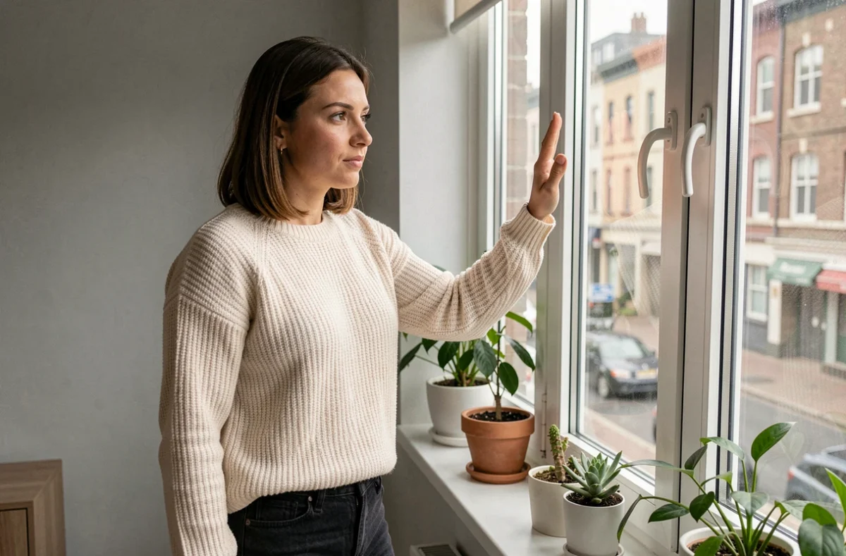 Femme testant la déperdition thermique d'une fenêtre à triple vitrage en posant la main sur la vitre intérieure dans un appartement moderne