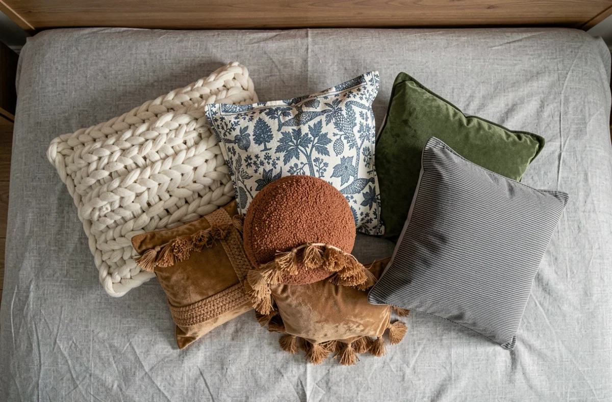 Flat lay éditorial de six coussins tendance en bouclé, velours, tricot et coton imprimé sur un couvre-lit en lin gris dans une chambre contemporaine